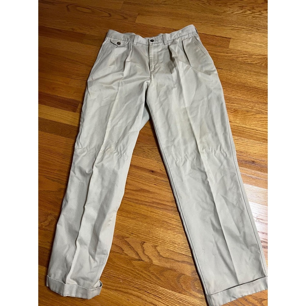 Vtg Y2K Savane Mens Khaki Pleated Classic Fit Casual Dress Pants Size 34x32